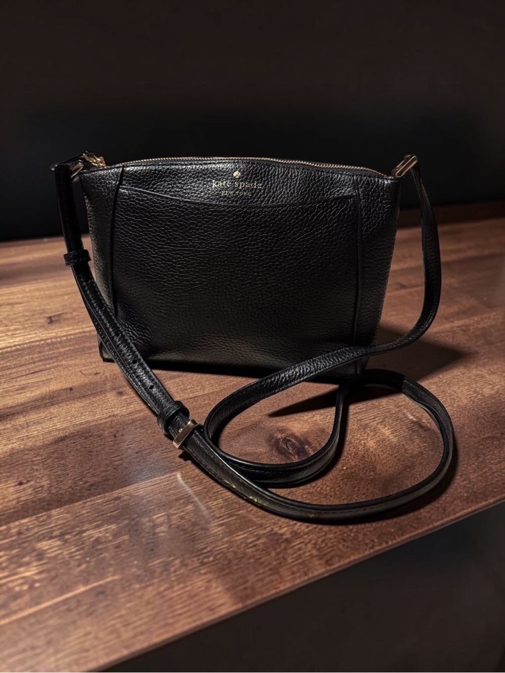 Kate Spade Black Pebbled Leather Crossbody with Gold Logo